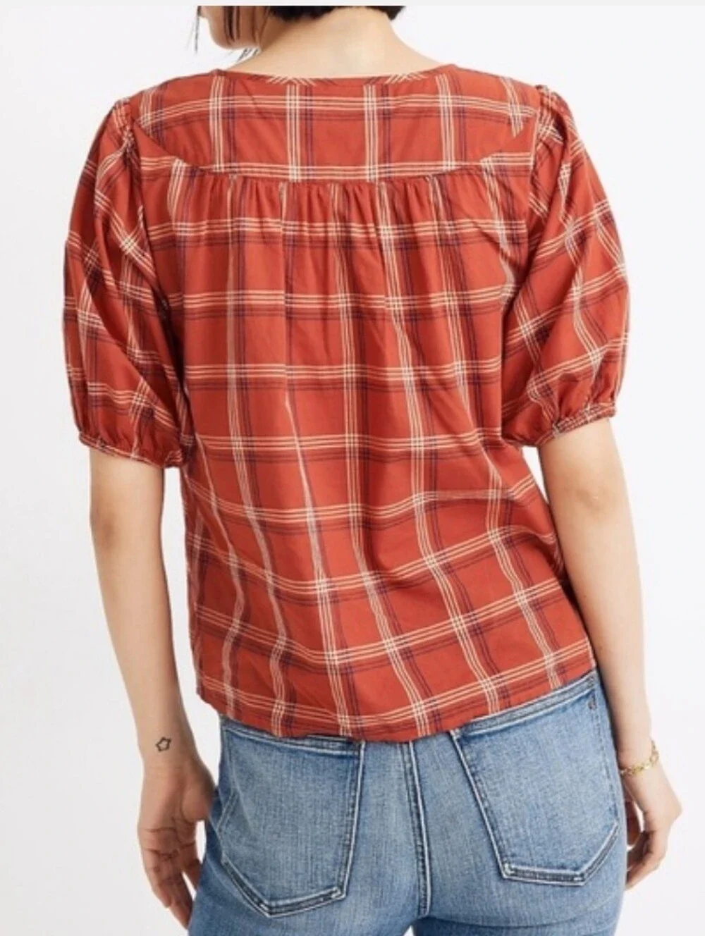 Madewell Red Plaid Short Sleeve Round Neck Lightweight Cotton Prose Shirt S